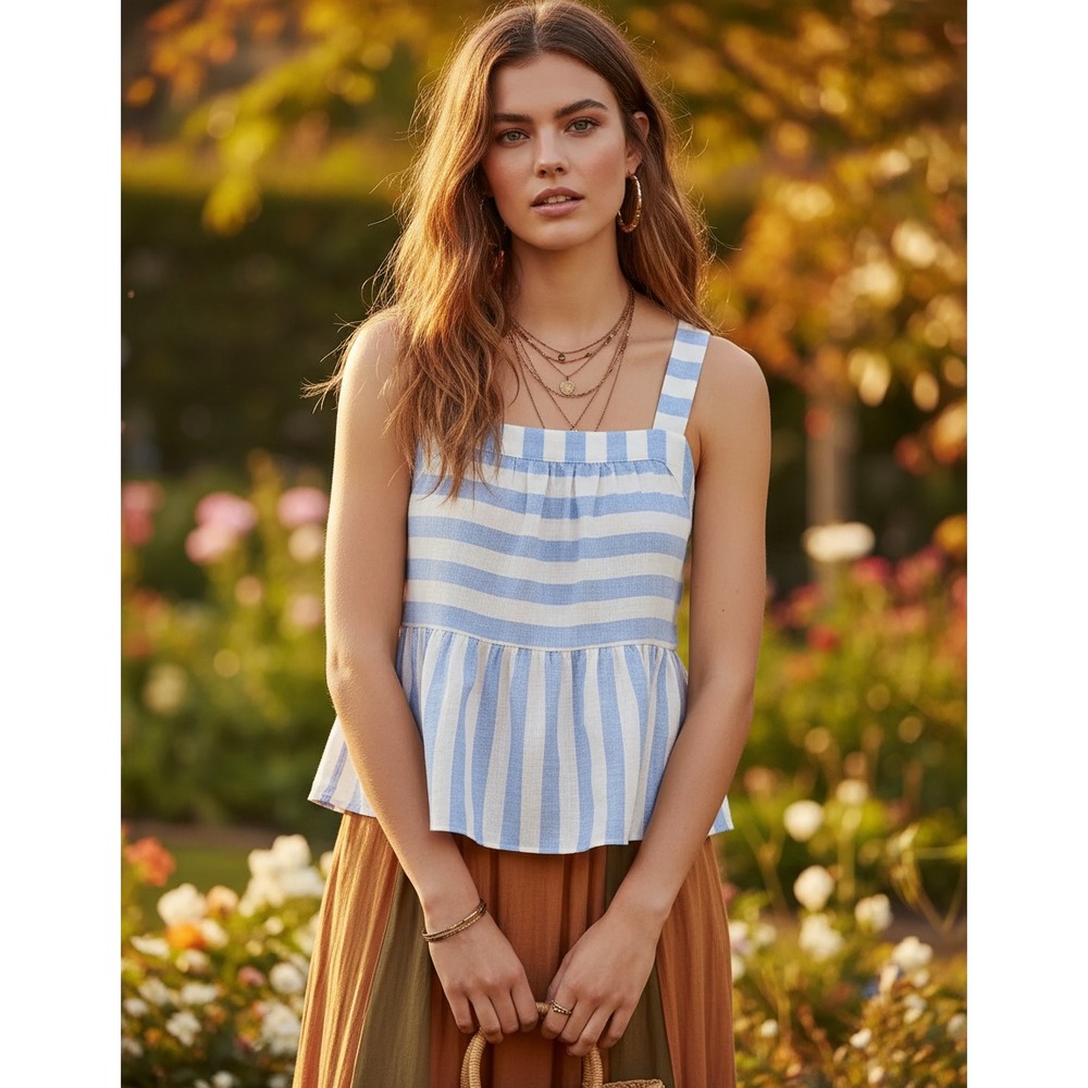 NEW Loft PXXL Blue White Stripe Tank Top Swing Peplum Retro Y2K‎ Boho Coastal